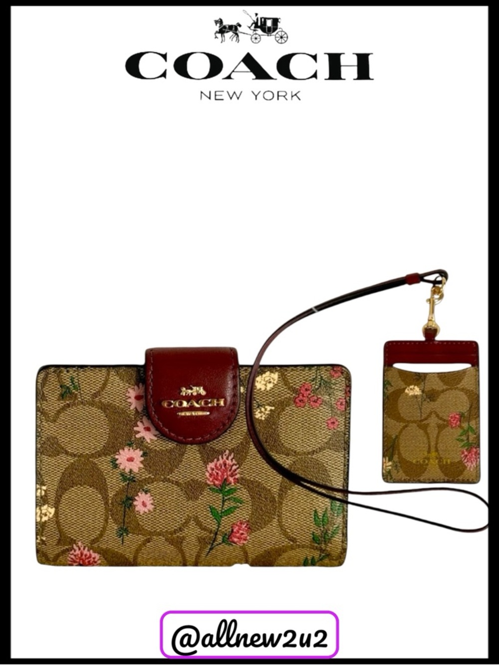 Coach Signature Wildflower Khaki Brown Monogram Floral Wallet & Lanyard ID Set